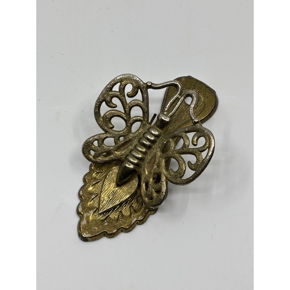 Vintage Gem Acc Brass Filigree Butterfly Desk Paper Clip Wall Mount Gold Tone